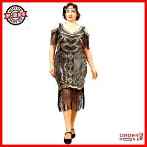 Plus Size Flapper Dress 1920s V Neck Beaded Fringe Gatsby Party